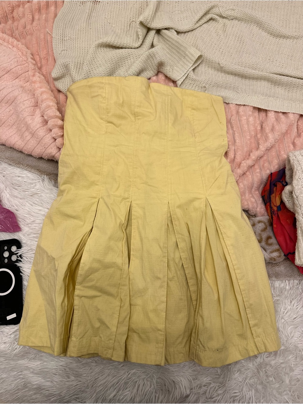 Free People Strapless Pleated Mini Dress in Pale Yellow